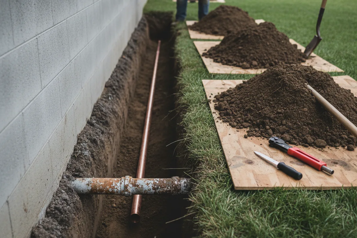Excavated water line trench during Water Softener Installation in Ada